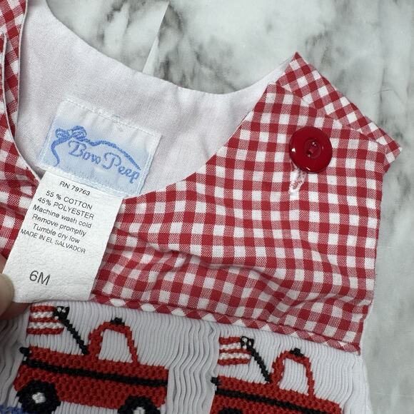 VTG Bow Peep Baby Boy 6 Mo Red White Fire Truck Smocked Cotton Bubble Fireman - Picture 3 of 6